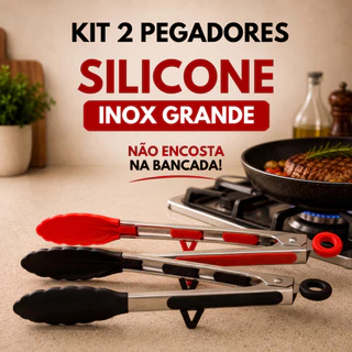 Kit Pegador Inox com Silicone 34cm Multiuso Churrasco Salada Resistente ao Calor ENVIO IMEDIATO