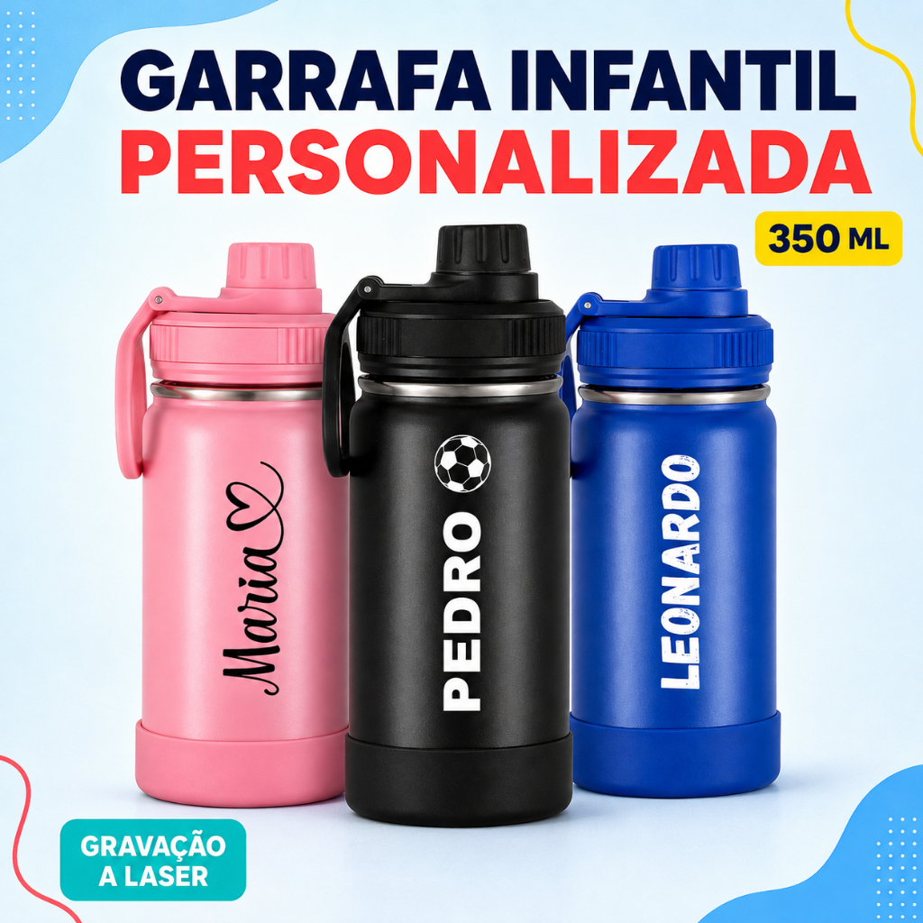 Garrafa Térmica Infantil 350ml Personalizada Nome Capa De Silicone Protetora Copo Termico Café Água Academia Escola