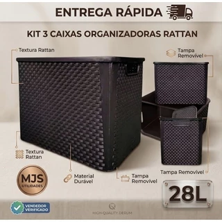 Kit 3 X Caixa Organizadora Rattan 28 Litros Cesto Plastico Multiuso Com Tampa Empilhavel Grande 28L