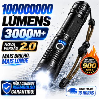 Lanterna Tática LED Super Potente 100000000 Lúmens Recarregável USB-C Zoom Alcance 2000m IPX6 Modo SOS Emergência