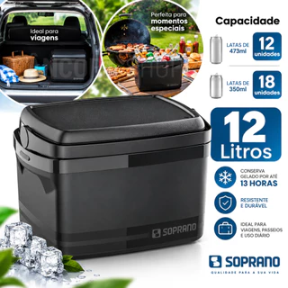 Caixa Térmica Cooler Soprano 12L com Alça Tampa Porta Latas Bebidas Praia Camping Alimentos e Sorvetes Preta 12 Litros