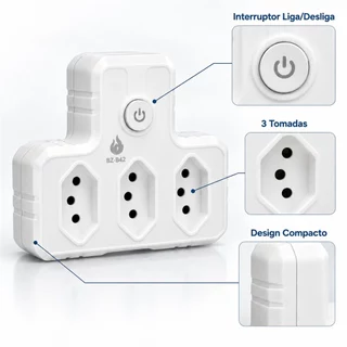 Adaptador de Tomada B42 com 3 Saídas, Interruptor Liga/Desliga e Plugue de 3 Pinos Branco