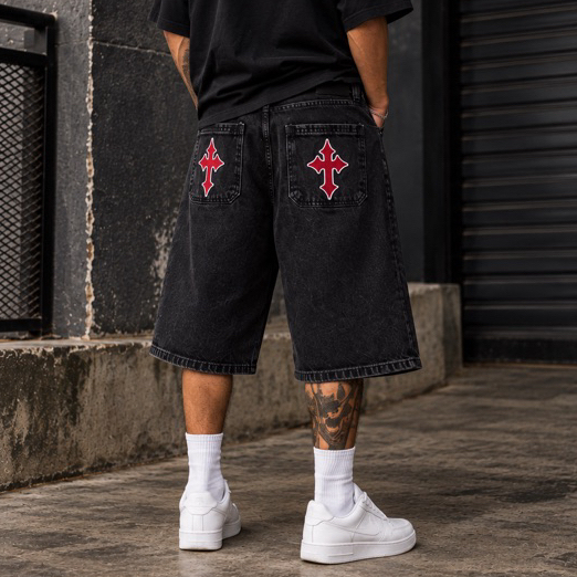 Bermuda Jeans Jorts Baggy balao Tripside Cruz Vermelha Estonada