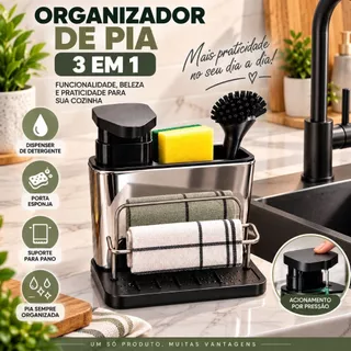 Organizador de Pia 3 em 1 Aço Inox com Dispenser de Detergente Porta Esponja Suporte para Pano - MZ