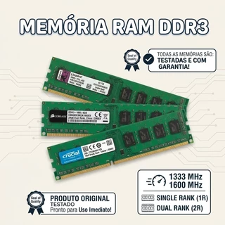 Memória RAM Desktop DDR3 2GB (1333MHz / 1600MHz) PC3 - Single Rank e Dual Rank - Várias Marcas