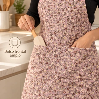 Avental de Cozinha Impermeável Floral com Bolso Frontal e Amarração – 3 Cores