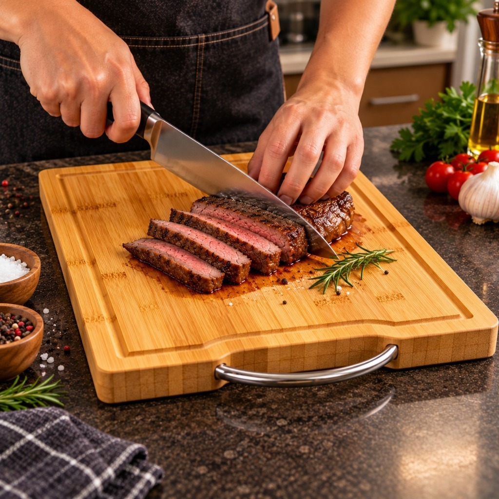 Tábua de Carne Churrasco em Bambu 32x22Cm Profissional com Sulco e alça de aço inox - Tábua de Cozinha