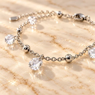 Pulseira Feminina Aço Inoxidável Prata com Zircônias e Bolinhas Delicada Ajustável