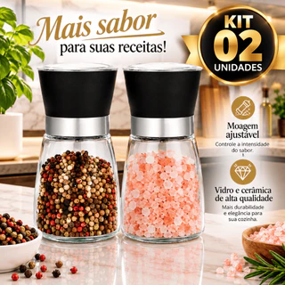 Kit 2 Moedores de Pimenta, Sal e Temperos Cozinha em Vidro Premium