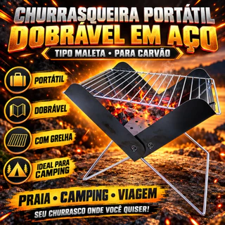 Churrasqueira Portátil Dobrável em Aço Tipo Maleta Para Carvão Compacta e Leve Ideal Para Camping Praia e Viagem