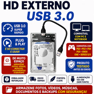 HD EXTERNO PORTÁTIL 1TB/1000GB OU 500GB - USB 3.0 CASE TRANSPARENTE OU PRETA, PS2 PS3 PS4 PS5 XBOX PC NOTEBOOK