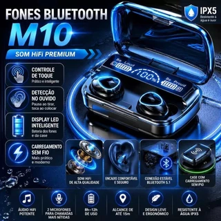Fone De Ouvido Sem Fio M10 TWS Bluetooth 5.3 display Led Touch