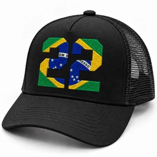Boné Telinha Trucker 22 Estampa Brasil DTF Masculino Feminino Aba Curva Fecho Plástico Preto