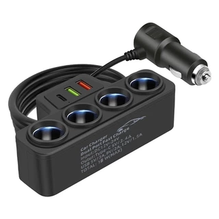 Adaptador 4 em 1 de Carregador de Carro 12V-24V | Divisor de Isqueiro 3 Soquetes + 2 Portas USB com LED e Carga Rápida