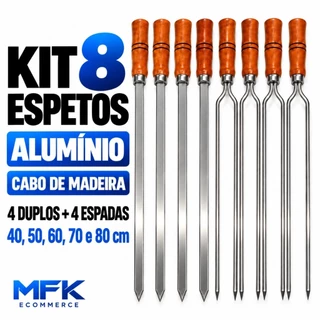 Kit 8 Espetos de Alumínio Cabo de Madeira