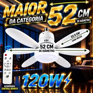 Lâmpada LED com Ventilador E27 120W - Iluminação Ajustável e Ventilação Silenciosa - 120W-52Cm