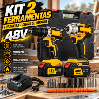 Kit Furadeira Parafusadeira e Chave de Impacto 48V Brushless Sem Fio 2 Baterias com Maleta e Acessórios