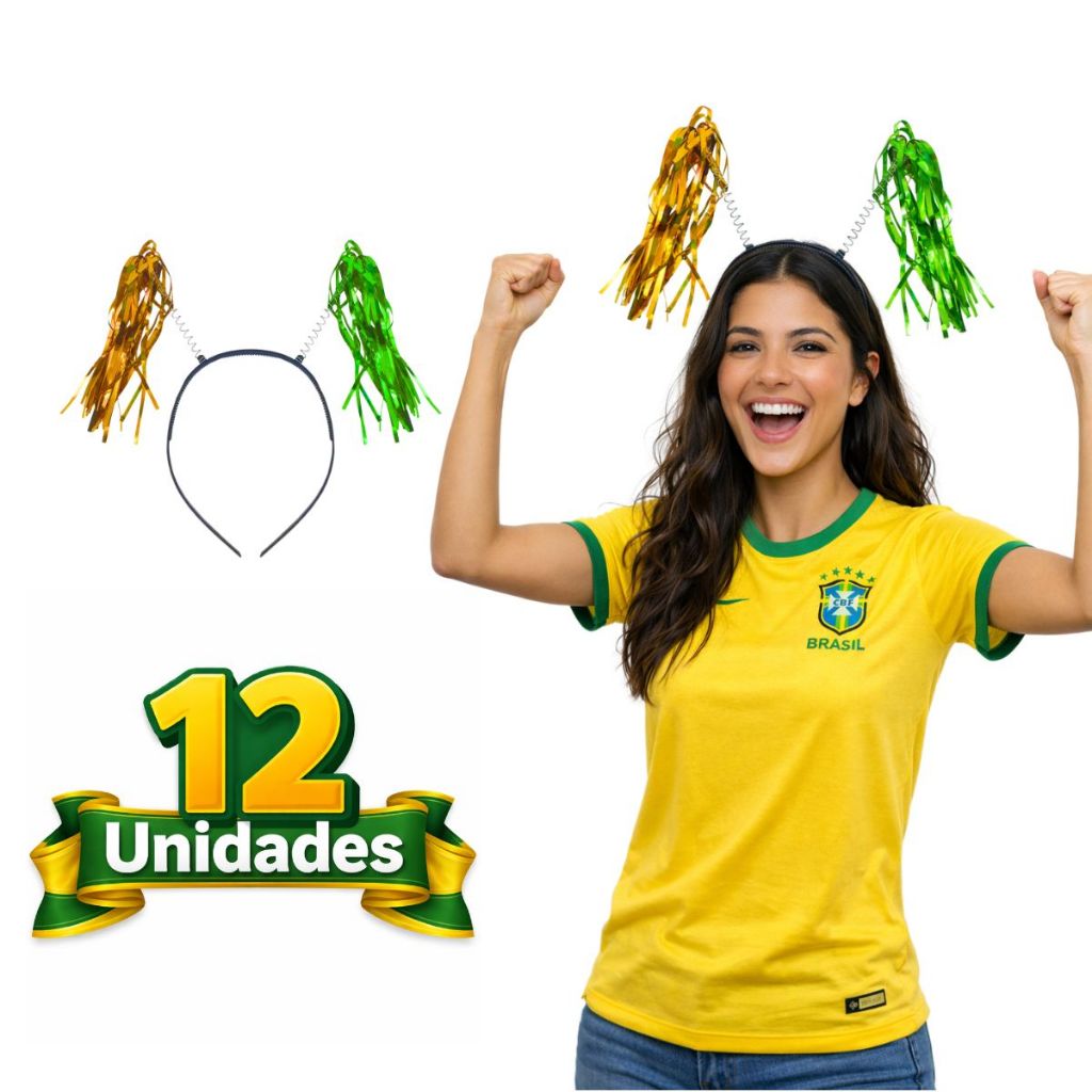 Tiara Verde e Amarela Metalizada Kit 12 Unidades Copa do Mundo Torcida Brasil Fe