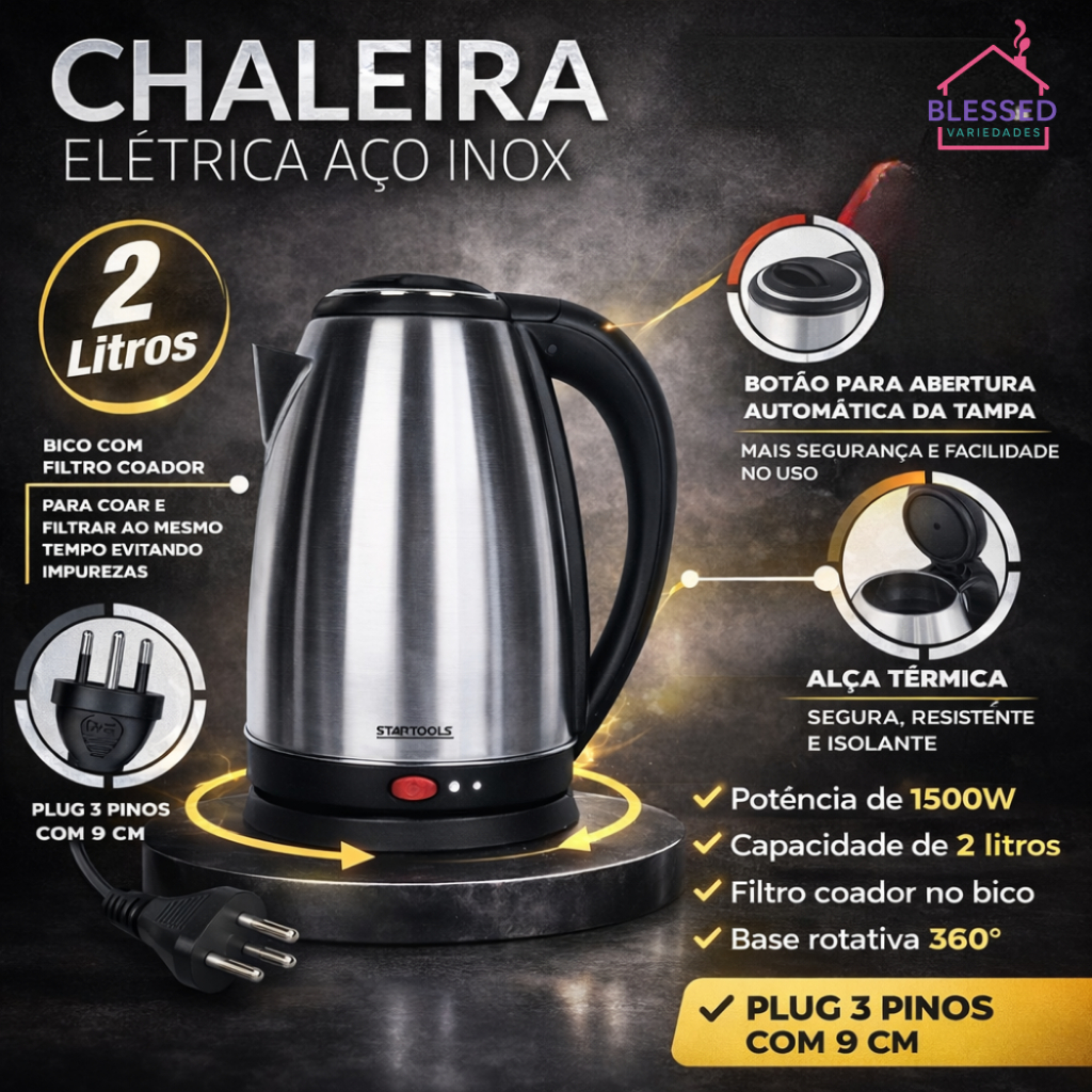 Chaleira Elétrica 2 Litros Térmica Inox Bule Com Tampa Para 