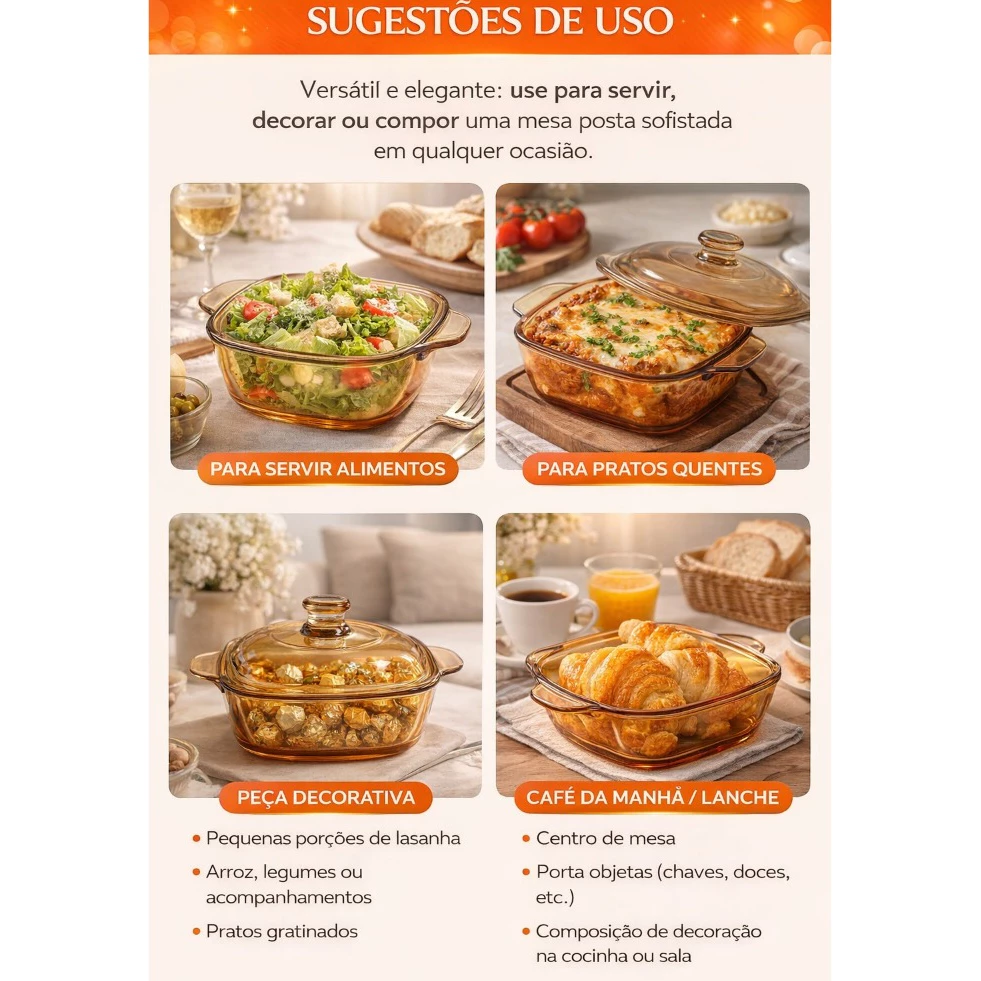 Tigela/Travessa com tampa Âmbar Elegante em Vidro 850ml/800ml– Ideal para Servir, Decoração e Mesa Posta