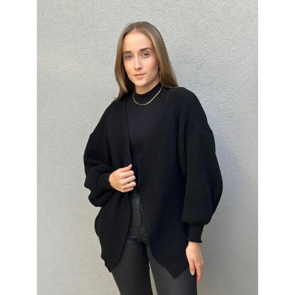 Casaco Básico Tricot Feminino Cardigan Aberto Kimono Manga Bufante