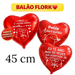 Balão de Coração Flork 45cm + VARETA | 18 polegadas Metalizado |Balões presente para namorado presente dia dos namorados