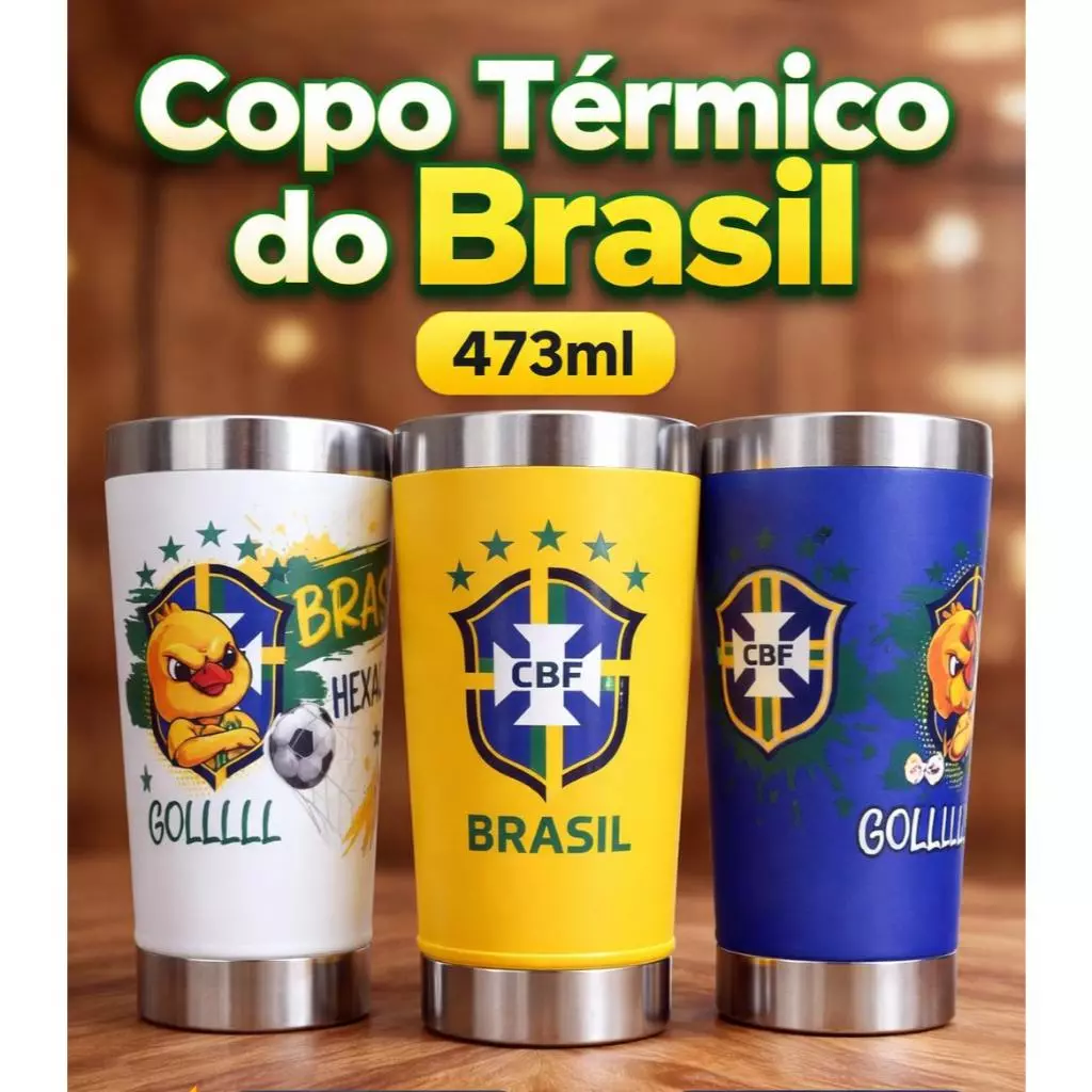 Copo Térmico 473ml Personalizado Brasil com Abridor Integrado e Tampa