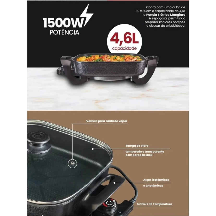 PANELA ELETRICA AGRATTO MANGIARE APEQ01I-01 PRETA QUADRADA 30CM 1500W 127V 220v