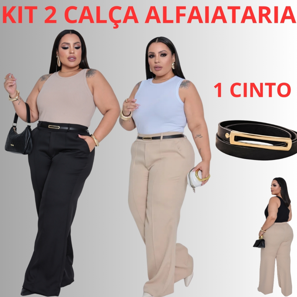 Kit 2 Calça Alfaiataria Plus Size Pantalona Wide Leg Social
