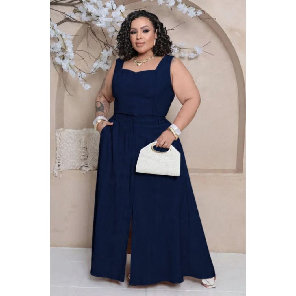 Conjunto Plus Size Alfaiataria Cropped Saia Longa Com Fenda
