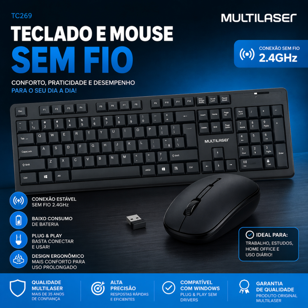 Kit Teclado e Mouse Multilaser Portátil 2.4ghz Sem Fio Wireless Pc ...