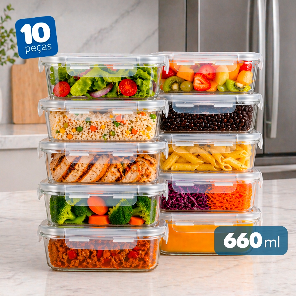 Kit 10 Pote de Vidro Hermético Retangular 4 Travas Marmita Fit Microondas Mantimentos