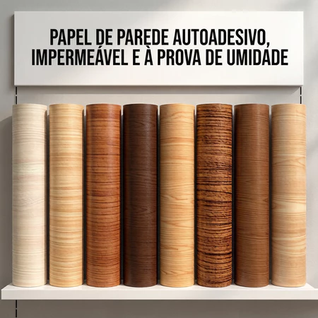 Papel de Parede Madeira 3D 5m x 45cm Autoadesivo Removível Fácil Aplicação Lavável Para Móveis Paredes Geladeira