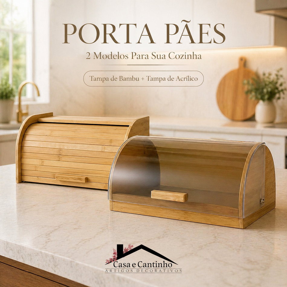 Porta Pães com Tampa Bambu Armazenamento Retrátil Cozinha Or