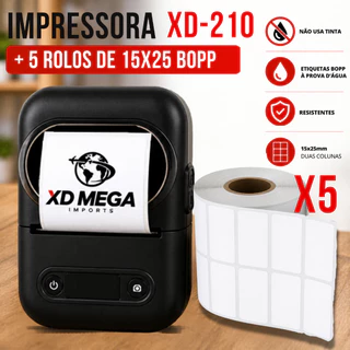 1 impressora XD-210 PT260 + 5 ROLOS ETIQUETA A PROVA D'ÁGUA DUPLA 15X25