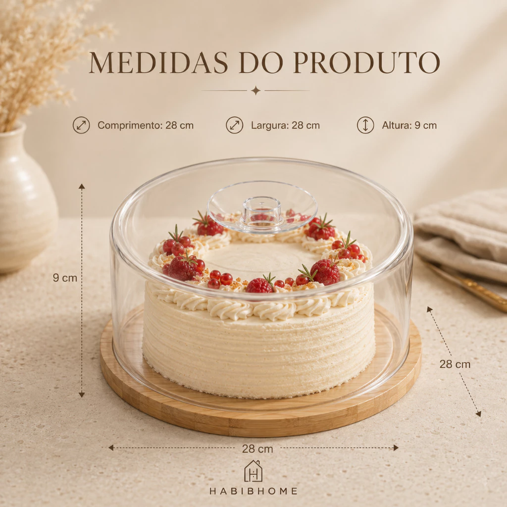 Boleira com Tampa Acrílica e Base de Bambu para Mesa Posta Cozinha Servir Decorar e Organizar