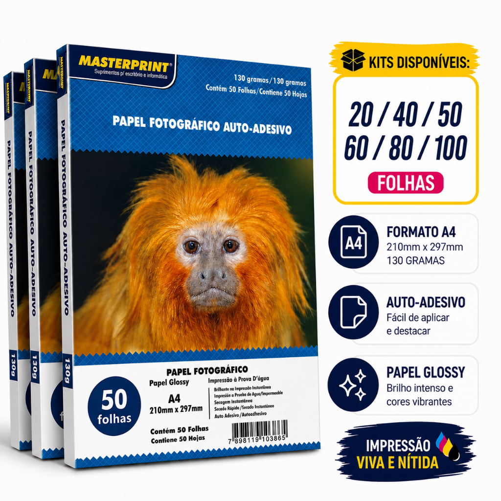 Kit 20 a 100 Folhas Papel Fotográfico Adesivo A4 Brilhante 130g Premium ...