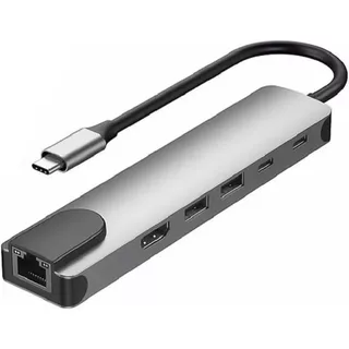 Hub Adaptador USB-C 6 em 1 com HDMI 4K, LAN RJ45 e USB 3.0 | Dock Station Tipo C para Notebook, MacBook, Tablet e PC