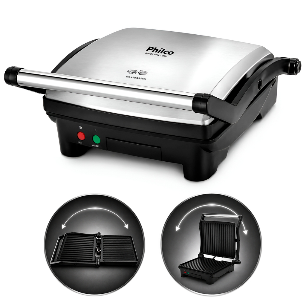 Sanduicheira Super Grill Duo Philco 2 em 1 Inox Abertura 180