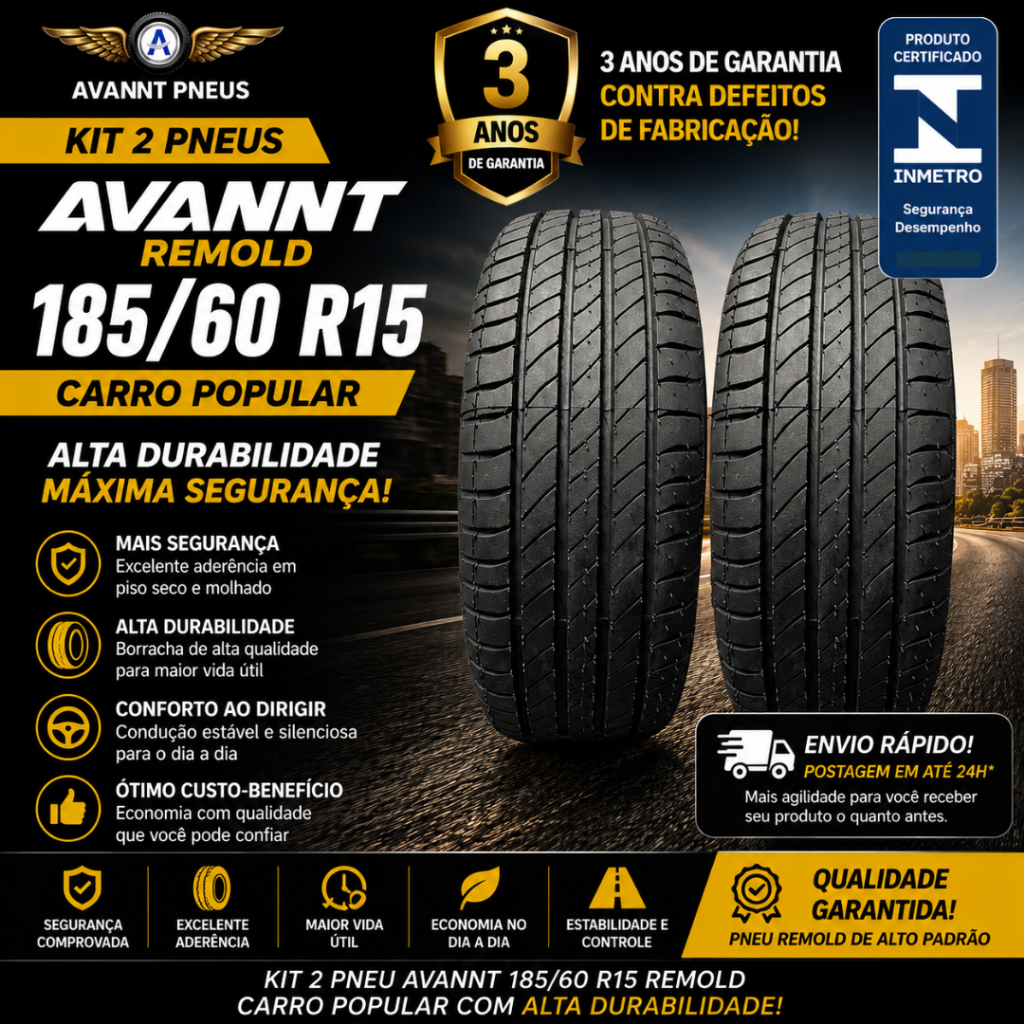 KIT 2 PNEU AVANNT 185/60 R15 AVT A-60 86 R CERTIFICADO INMETRO 3 ANOS ...