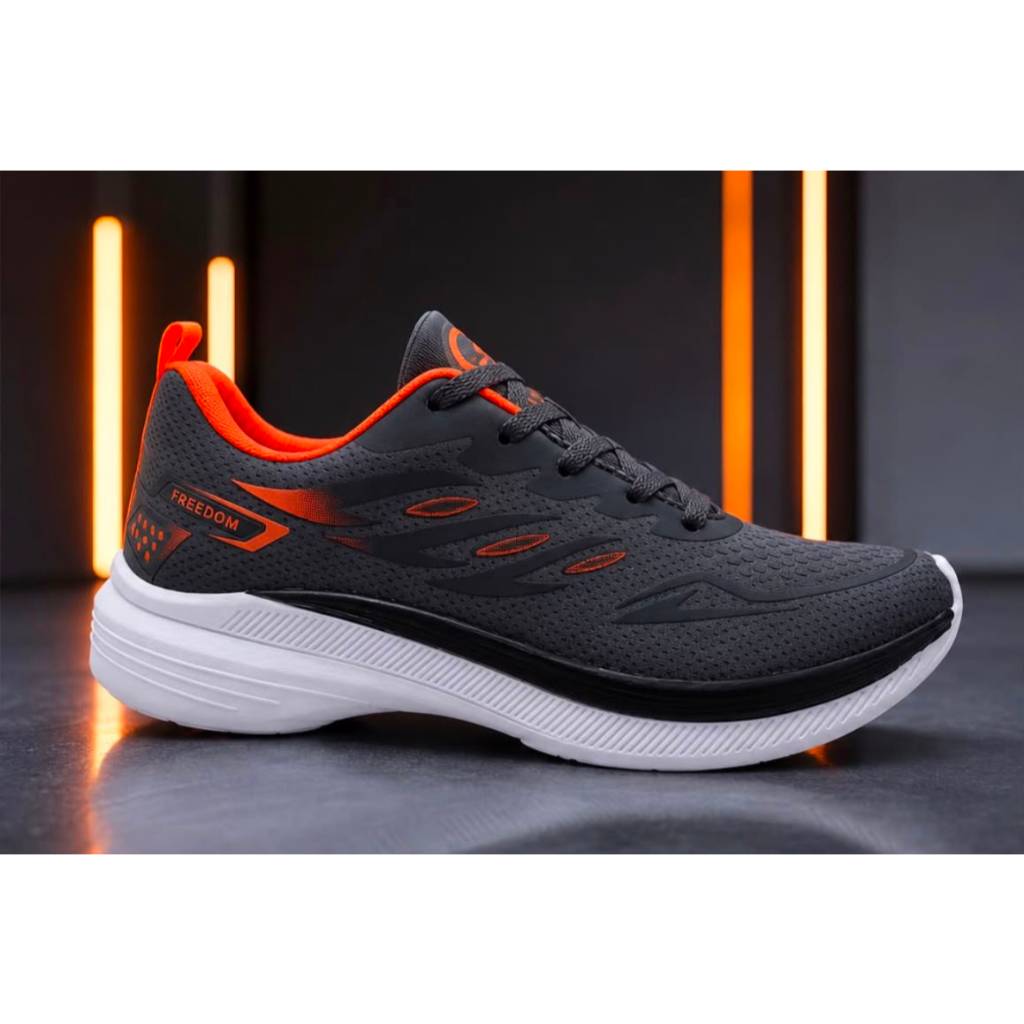 Tenis Masculino Escolar Academia Corrida Original FREEDOM Corrida Caminhada Lançamento EXCLUSIVO CINZA GRAVITE e LARANJA