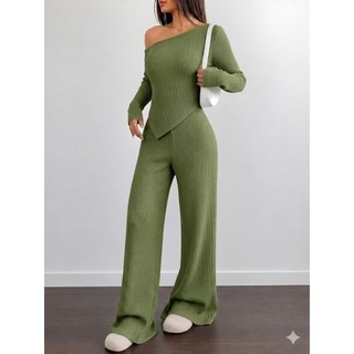 Conjunto Mila Feminino Blusa Assimétrica Manga Comprida  + Calça Pantalona Malha Ribana Moda Inverno — foto 5 — Achou Levou Brasil