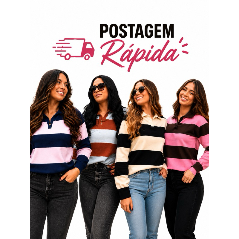Blusa Feminina Tricô Modal Manga Longa Gola Polo Listrada Casual