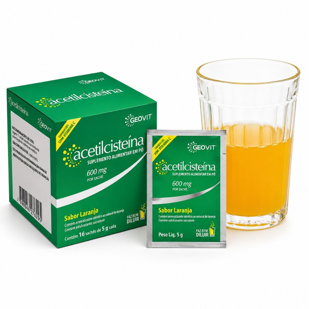 Acetilcisteína Geovit 600mg Suplemento Alimentar – Até 64 Sachês de 5g ...