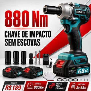 Chave De Impacto 880Nm Kinetx Motor Brushless Sem Fio Parafusadeira Furadeira Profissional 2 Baterias 68Vf Kit Acessório