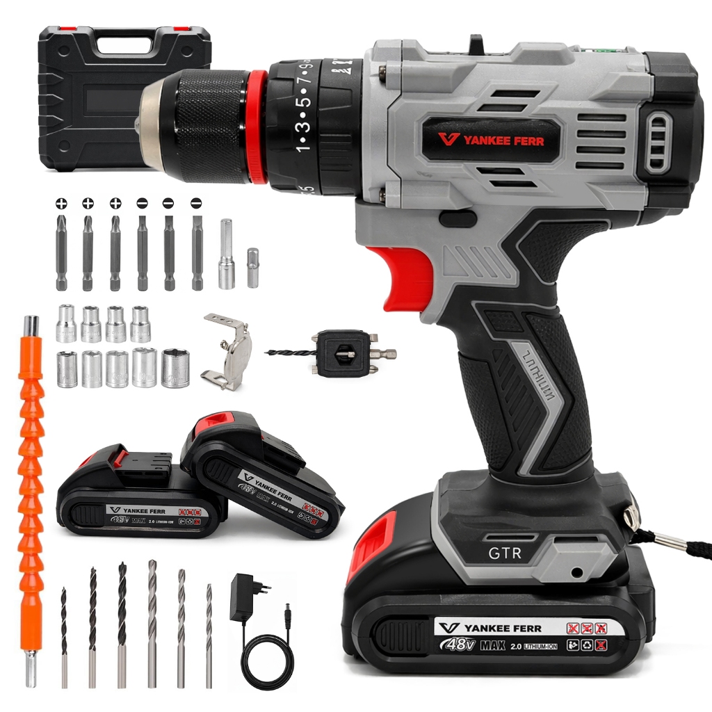 Parafusadeira Furadeira Sem Fio 48V 85 N.M ajuste de torque Furadeira de impacto Elétrica Brushless com 2 baterias