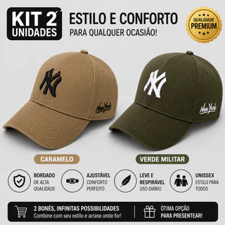 Kit Com 2 Bonés New York Bordado Premium Aba Curva Ajustável Estilo Streetwear