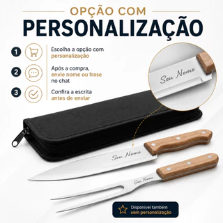 Kit Churrasco Cozinha Personalizado 2 Peças Faca e Garfo com Estojo preto Gravação a Laser Profissional Dia do Professor