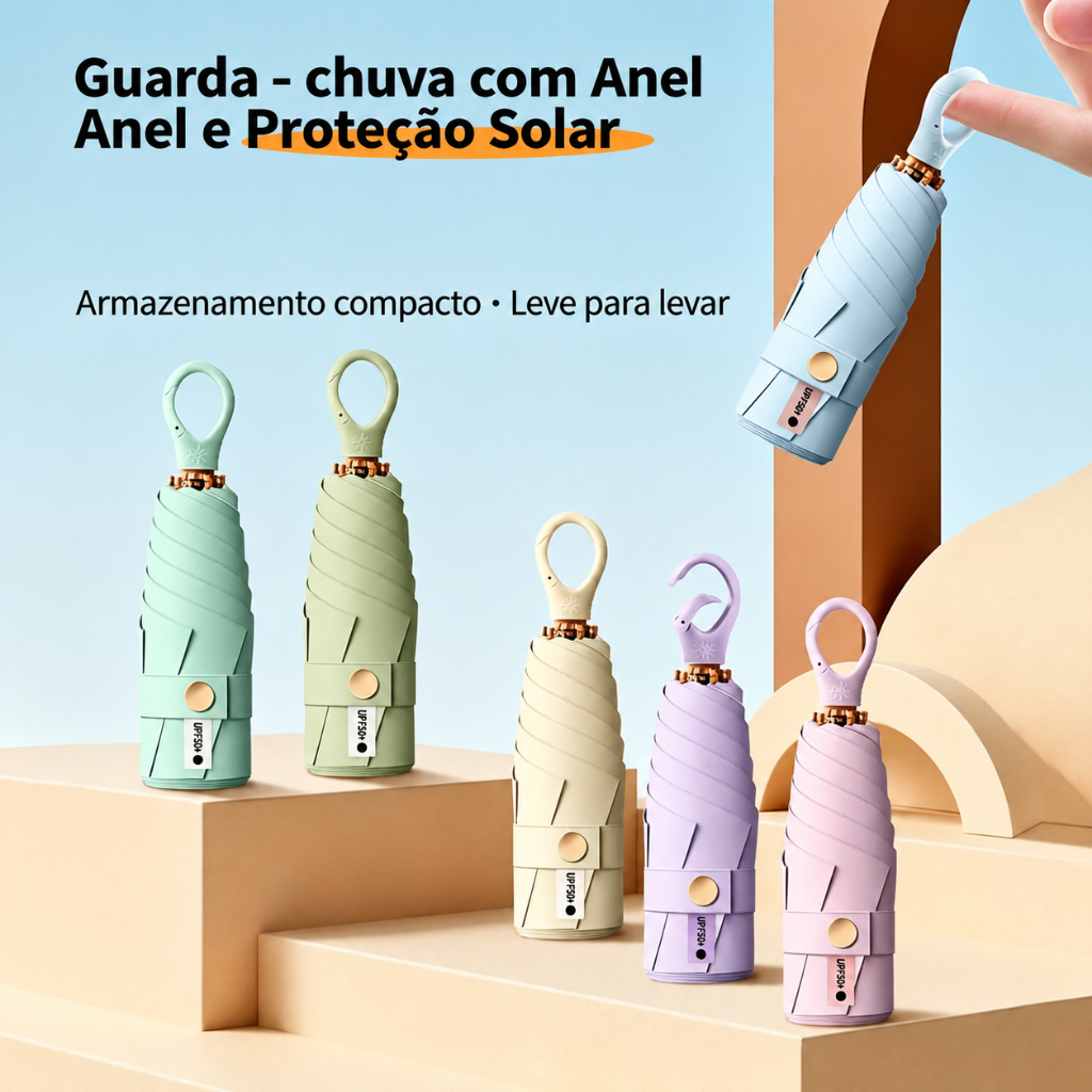 Guarda-Chuva Mini 5 Dobras com Anel Portátil Compacto Proteção Solar e ...