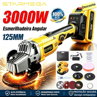 STARMEGA Esmerilhadeira Lixadeira Angular Profissional 125MM Brushless 18000RPM 2 Bateria 3000W